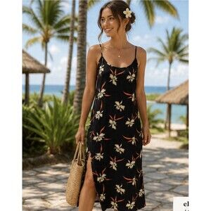 J. Crew Spaghetti Strap Women's Slip Shift Midi Dress Sz. S Black & Floral